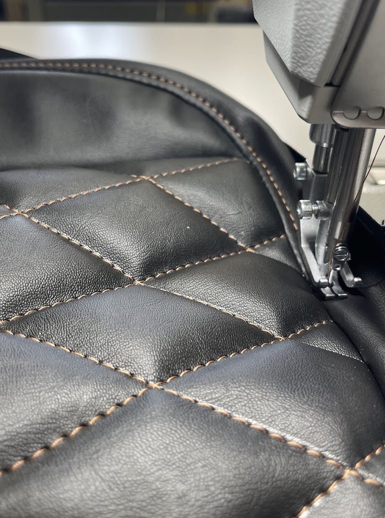 Black diamond quilting being stitched on the machine at the Bhola workshop on 84 Ave in Surrey